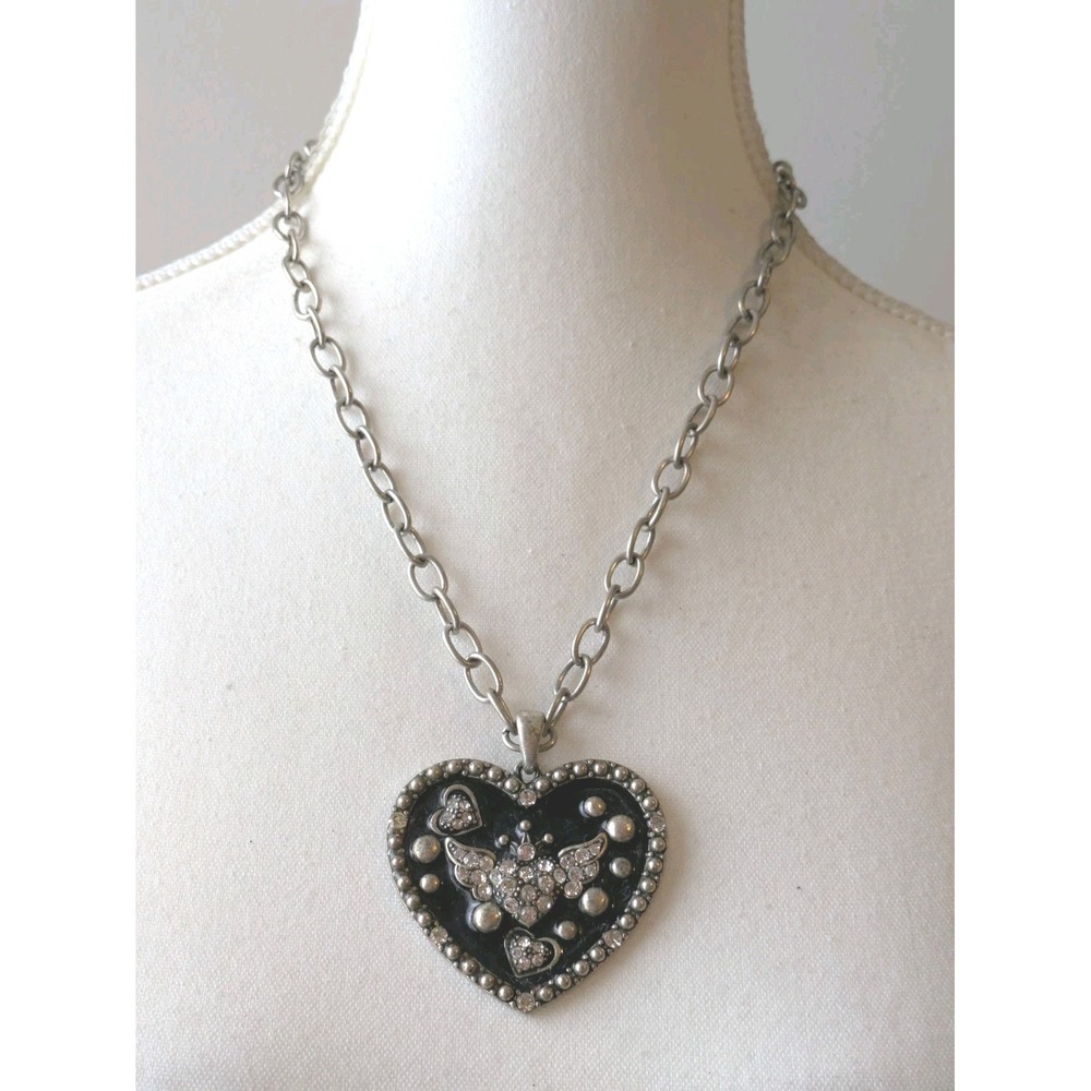 Chunky‎ Heart Pendant Necklace In Black Enamel Silver Tone & Rhinestones